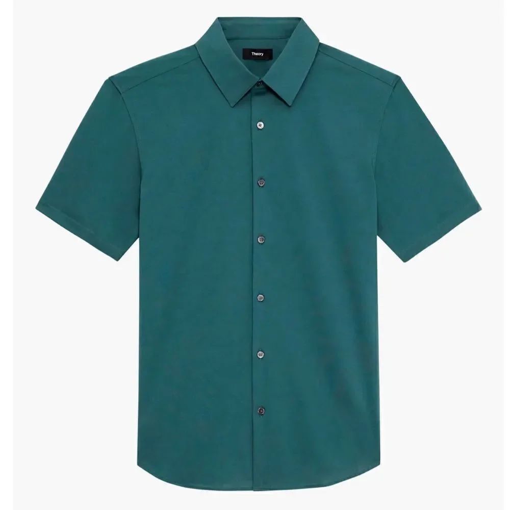 Theory Irving Short Sleeve Slim Fit Button-Up Shirt Cypress Medium MSRP $175